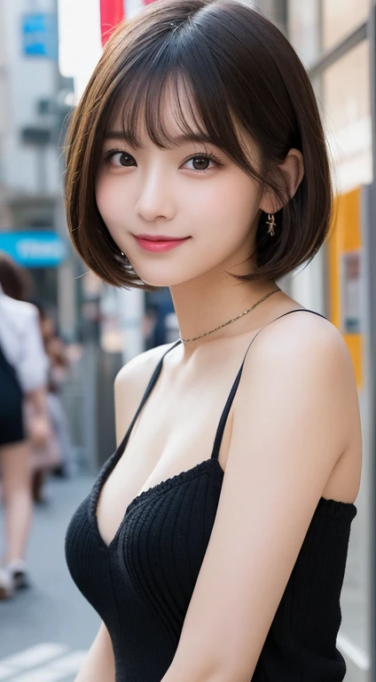 masutepiece, Best Quality, Illustration, Ultra-detailed, finely detail, hight resolution, 8K Wallpaper, Perfect dynamic composition, Beautiful detailed eyes, Women's Fashion,Very short hair,Small breasts natural color lip, Bold sexy poses,Smile,Harajuku、20 years girl、Cute、Sexy shot looking at camera