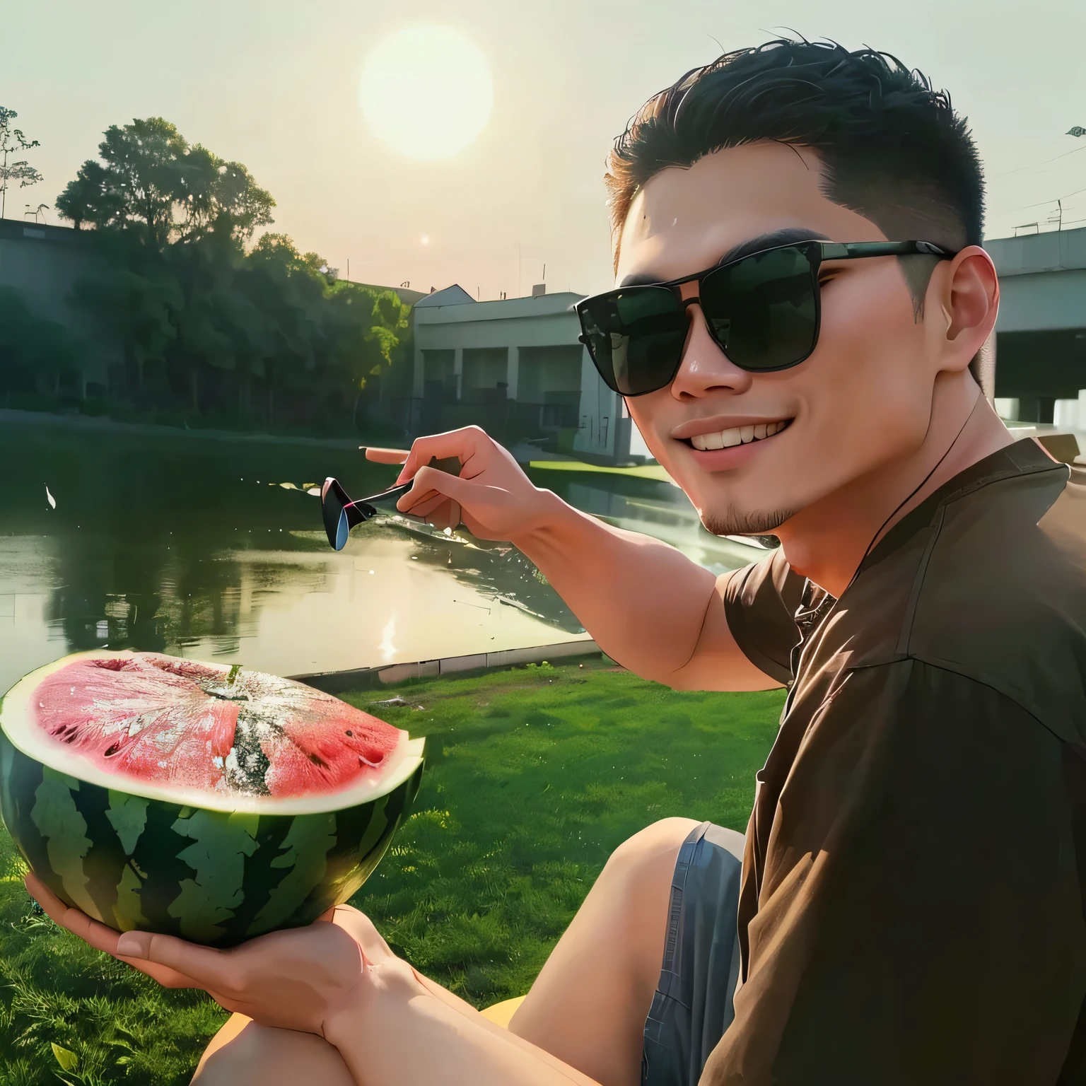 there is a man sitting on the grass holding a watermelon, Wearing a melon, watermeloncore, The material is!!! watermelon!!!, ren heng, As the sunset, watermelons, Comes with sunglasses, Peter Chen, New Kevin, David Liang, Liu Zhixiong, watermelon, Inspired by Jason Chan, Roth Tan,  