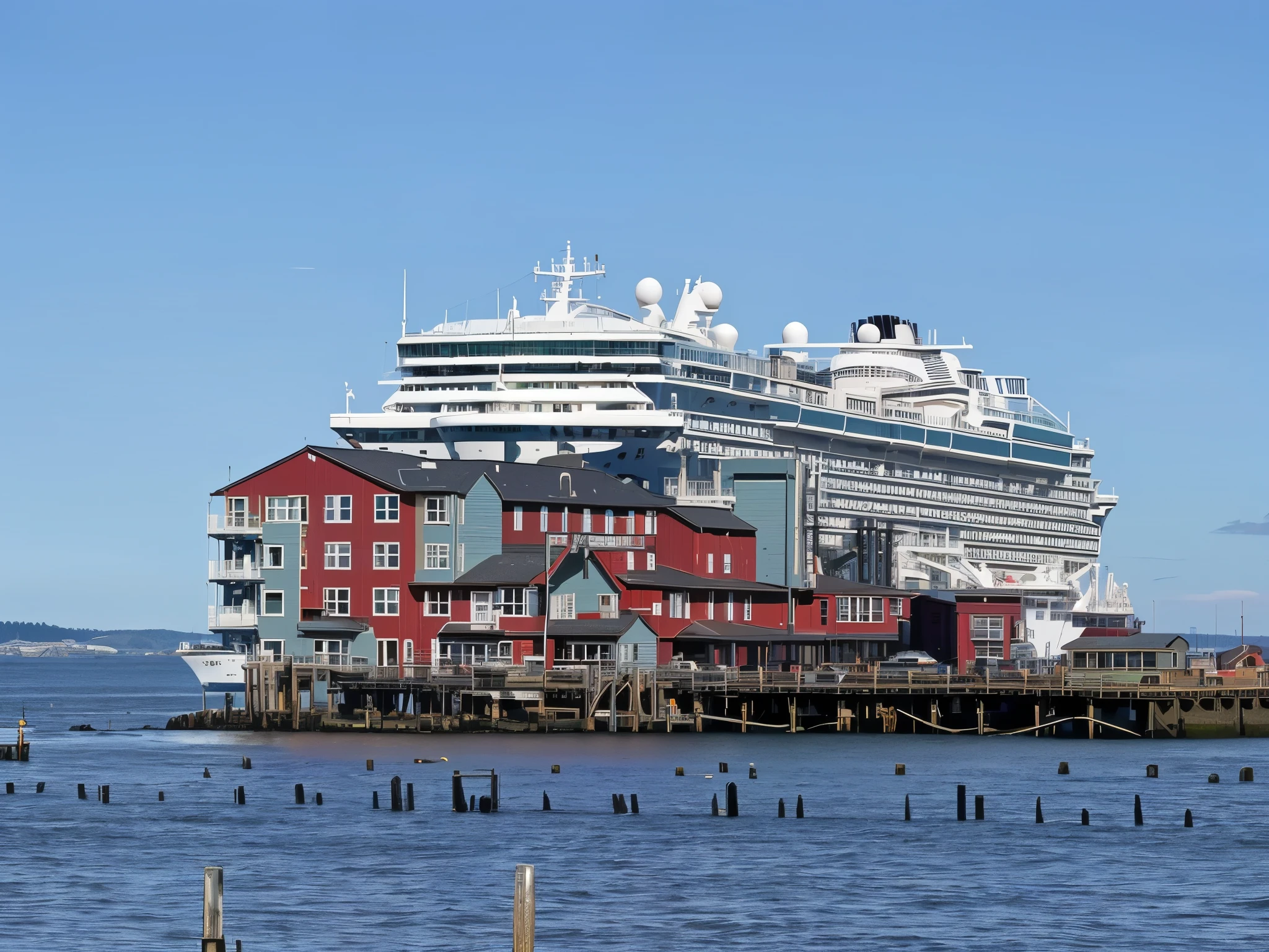 Astoria Oregon Red building with a cruise ship in the background, viewed from the harbor, docked at harbor, side view from afar, viewed from the ocean, seen from afar, port,