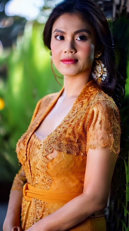 A gorgeous in the gala premier, big breasts, wear balinese kebaya, see other side, pay attention to the detail of face, super fine art, extra sharp quality, 32K, hyper realistic skin texture .