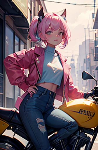 (1 chica en), ((con una altura de 1,43)), ((personaje ciber punk)), (mesa), usando ariculares de orega de gato, ojo derecho de un tono mas claro que el otro, pelo largo con tonos cafes, rostro vello, ojos grandes, falda tipo pantalon super corto, pose picara, con una sonrisa picara, con ojos de deseo, brasos en la cavesa como si estubiera posando, a la ves que sea asesina, ((Stand in front of the motorcycle.)), El deslumbrante paisaje urbano steampunk, cuerpo completo, lluvia de corazones de colores, hermosa, picara, kawaii, tierna, ermoso pelo cafe largo