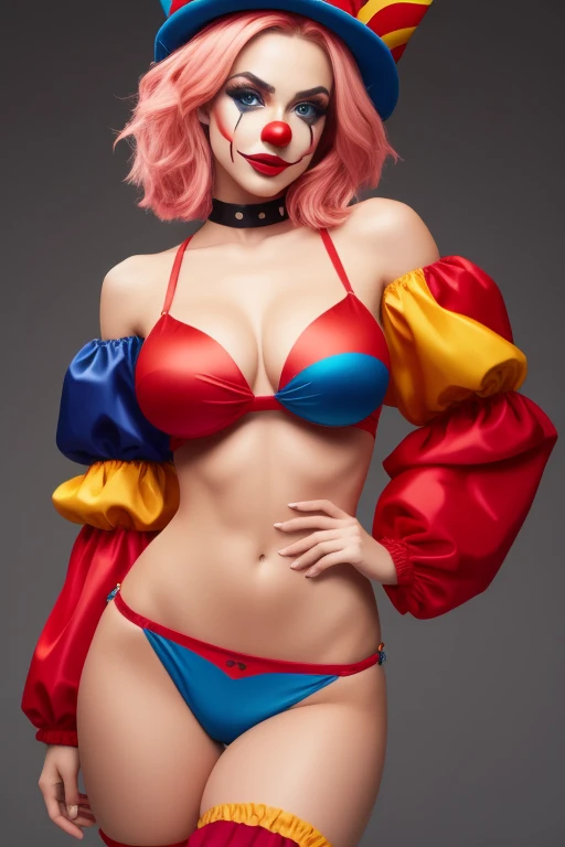 A full body photo shows a woman, harlequin hat, clown makeup, red clown nose, blue eyes, muscular body, clown,🤡,small shoulder, slim waist, wide hips, thick legs wearing a colorful top and red panties, back view