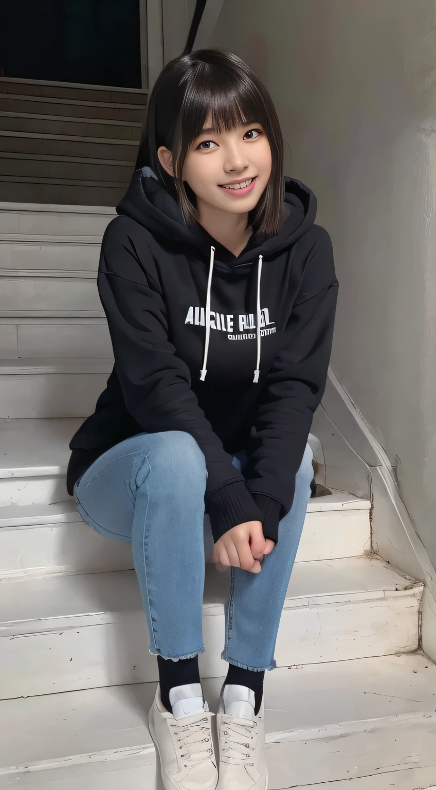 highest quality, Realistic, Very detailed, Finer details, High resolution, 8k wallpaper, One beautiful woman,Sit on the stairs、(Wear black socks)smile、(Beautiful teeth alignment、)(Gums are visible) Oversized hoodie, Skinny jeans,( Black sneakers)、Black Hair、 Beautiful Bangs、ear piercing、Perfect dynamic composition, Beautiful and detailed, Full Body Shot, A big smile Wearing colorful socks