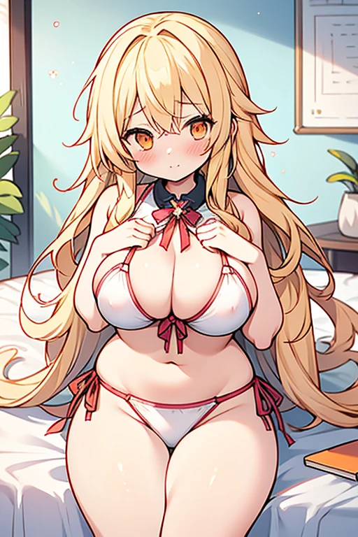 girl、high school student、Blonde、Hair that flies around、long hair、Orange eyes、Thick thighs、（（G-Cup））、Make your breasts bigger、Embarrassing、Blushing（（highest quality））、Anime Style、Emphasize the chest、bikini、Pink proof、Bedroom