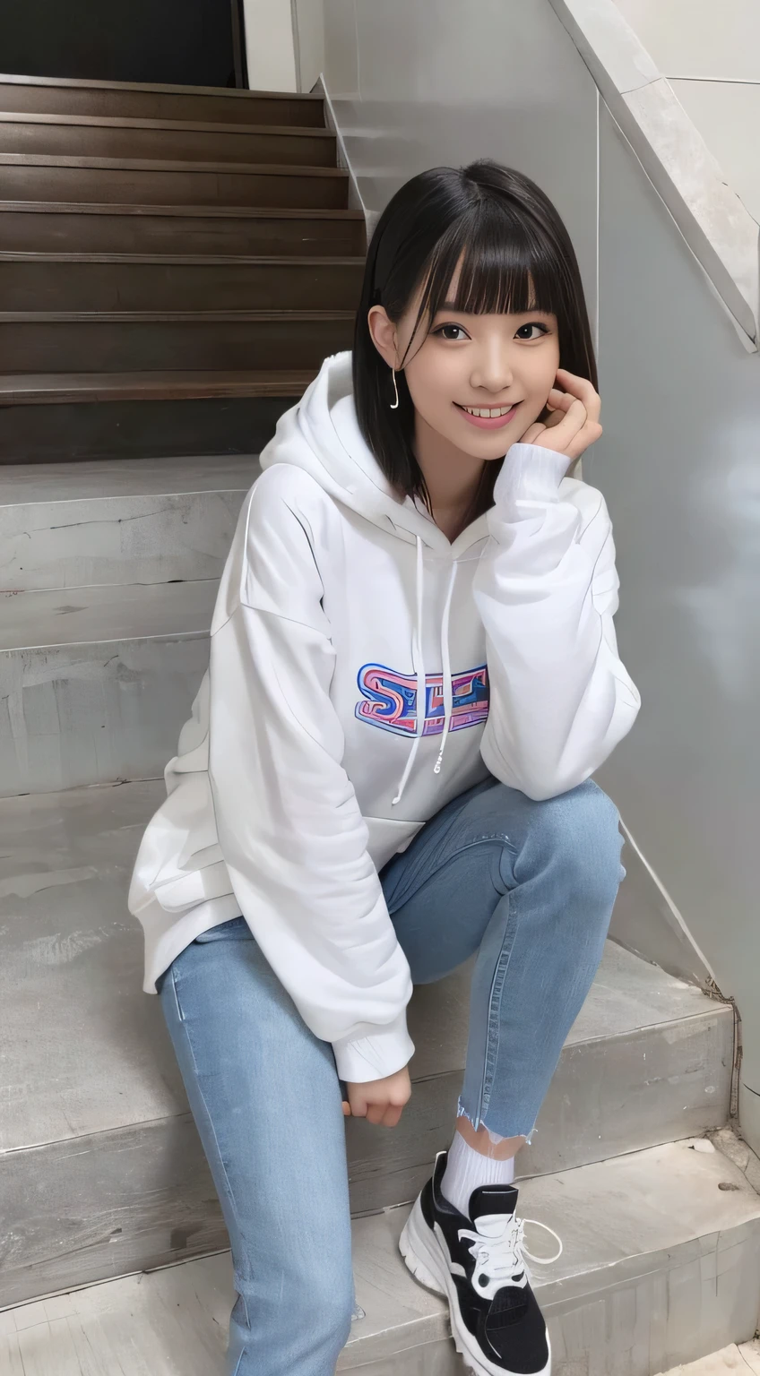 highest quality, Realistic, Very detailed, Finer details, High resolution, 8k wallpaper, One beautiful woman,Sit on the stairs、(Wear black socks)smile、(Beautiful teeth alignment、)(Gums are visible) Oversized hoodie, Skinny jeans,( Black sneakers)、Black Hair、 Beautiful Bangs、ear piercing、Perfect dynamic composition, Beautiful and detailed, Full Body Shot, A big smile Wearing colorful socks