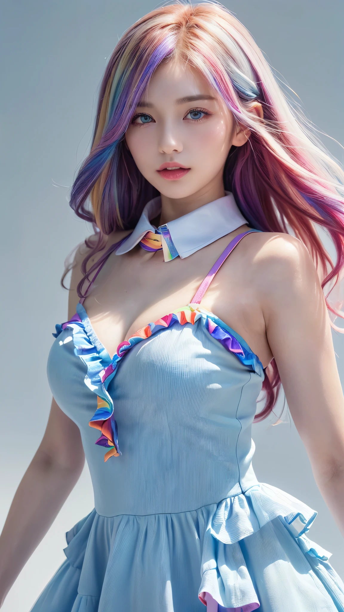 ((((pastel colour、pastel colourの髪色、Colorful hair colors、Rainbow、Rainbowの髪色、Rainbow Hair、Rainbow hair colour、forehead、Long Hair、腰までのLong Hair、Glowing Skin、Fair skin、Plump Lips、Straight Hair、blue eyes、白Gal、Gal、White collared dress、race、Frills、Northern Europe、White background、Dynamic Pose)))))))、、masutepiece, Best Quality, Photorealsitic, finely detail, hight resolution, 8K Wallpapers, Perfect dynamic composition, Beautiful detailed eyes, 18 year old、(Drooping eyes 1.4)、Adult beauty、japanes