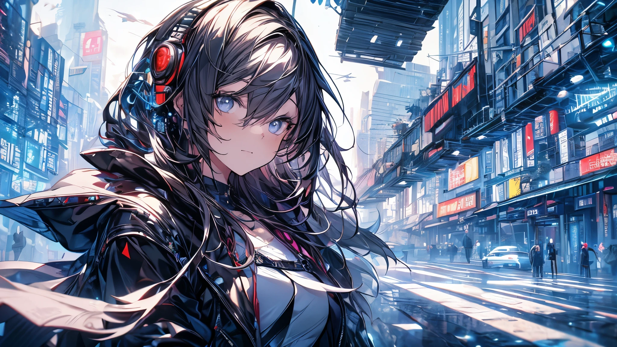 ((masterpiece、Highest quality))Cyberpunk City、 Woman in hoodie,  Highly detailed art gems, Lost Draw digital painting, :: Lost Draw, Gwen Stacy, Artjam and Athi Gairan, Style Art Germ, Lost Draw global illumination, 8k art germany bokeh、Close-up face