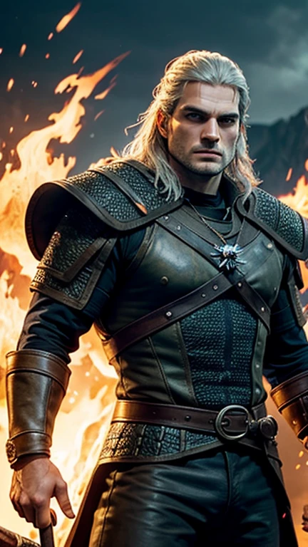  Man, witcher, henry cavill, king, fire all around, Sparks, Fiery explosion, element, strength, Brutality,  Blue eyes, vortex, energy, irresistible charm, weapon, high quality, masterpiece