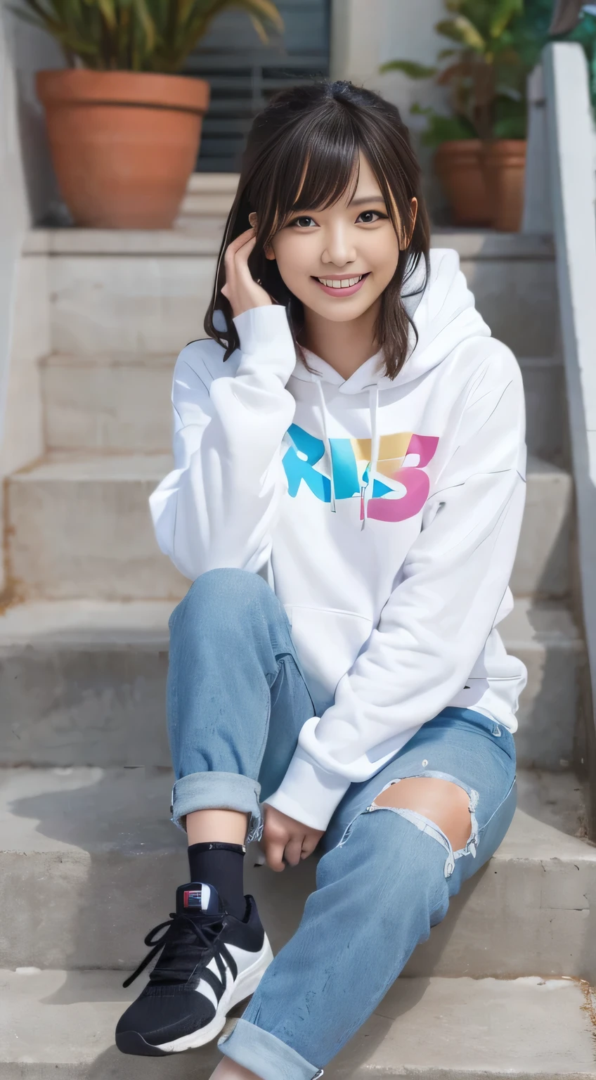 highest quality, Realistic, Very detailed, Finer details, High resolution, 8k wallpaper, One beautiful woman,Sit on the stairs、(Wear black socks)smile、(Beautiful teeth alignment、)(Gums are visible) Oversized hoodie, Skinny jeans,( Black sneakers)、Black Hair、 Beautiful Bangs、ear piercing、Perfect dynamic composition, Beautiful and detailed, Full Body Shot, A big smile Wearing colorful socks