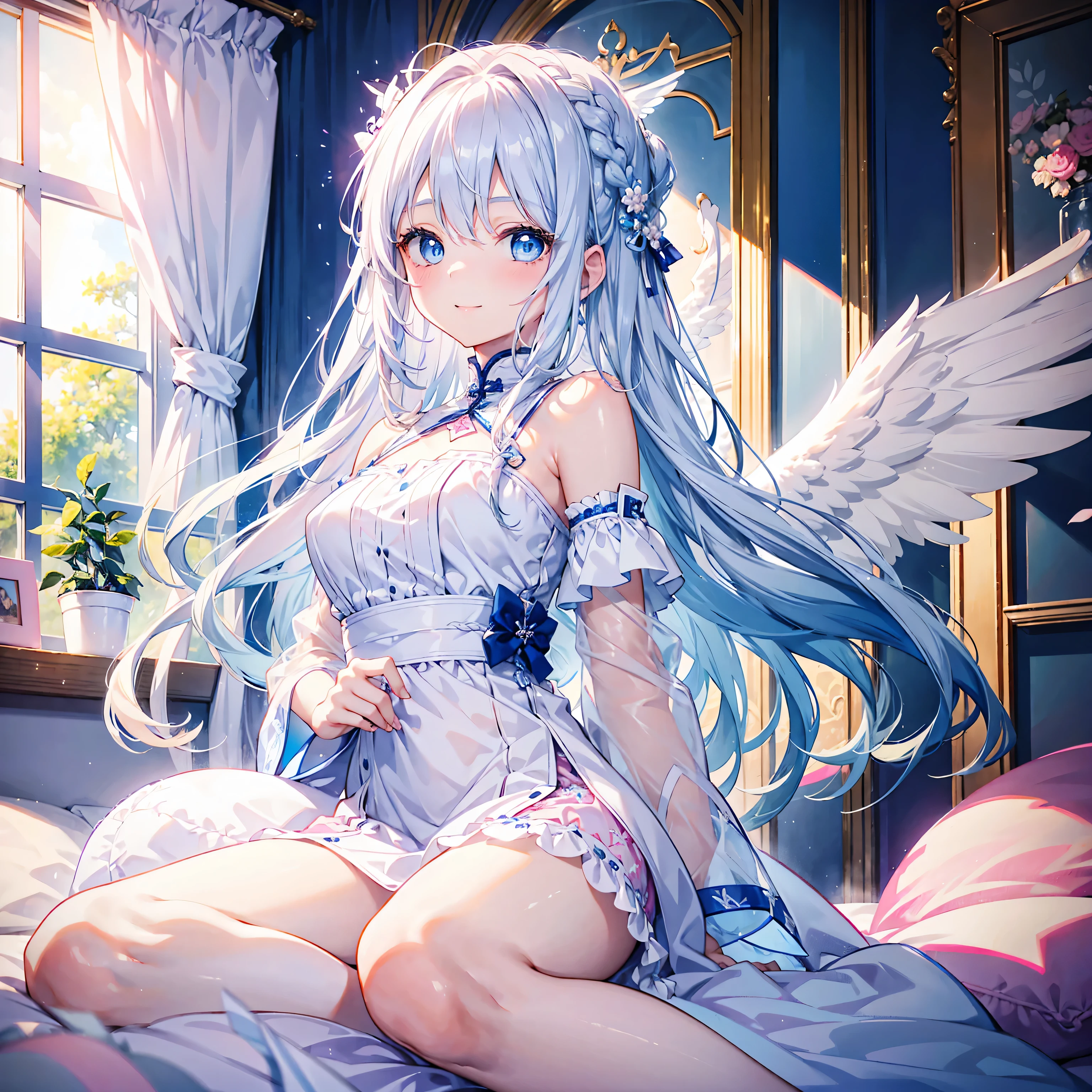 (2filles, cheveux longs élégants, Couleur, Yeux détaillés, Pupilles étincelantes, pupilles cardiaques, âge des étudiants fille), E-brest, clivage, Au lit, dormir dans son lit mignon dormir, Déesse, 2 paires d&#39;ailes, vêtements de nuit, Abus d’éruption de lentille, aberration chromatique, détail élevé, Anime, sur l’art, profondeur de champ, Flou de mouvement, Lumière rougeoyante, grain du film, UHD, rétine, précis, Chef-dœudansre, anatomiquement correct, peau texturée, Super détail, high détails, de la haute qualité, Primé, meilleur qualité, Haute résolution, 16k, (Angle de caméra: Grand angle) ((sommeil, allongée, Au lit, drap, chambre, caraco, d’en haut, Angle néerlandais, Haut du corps))