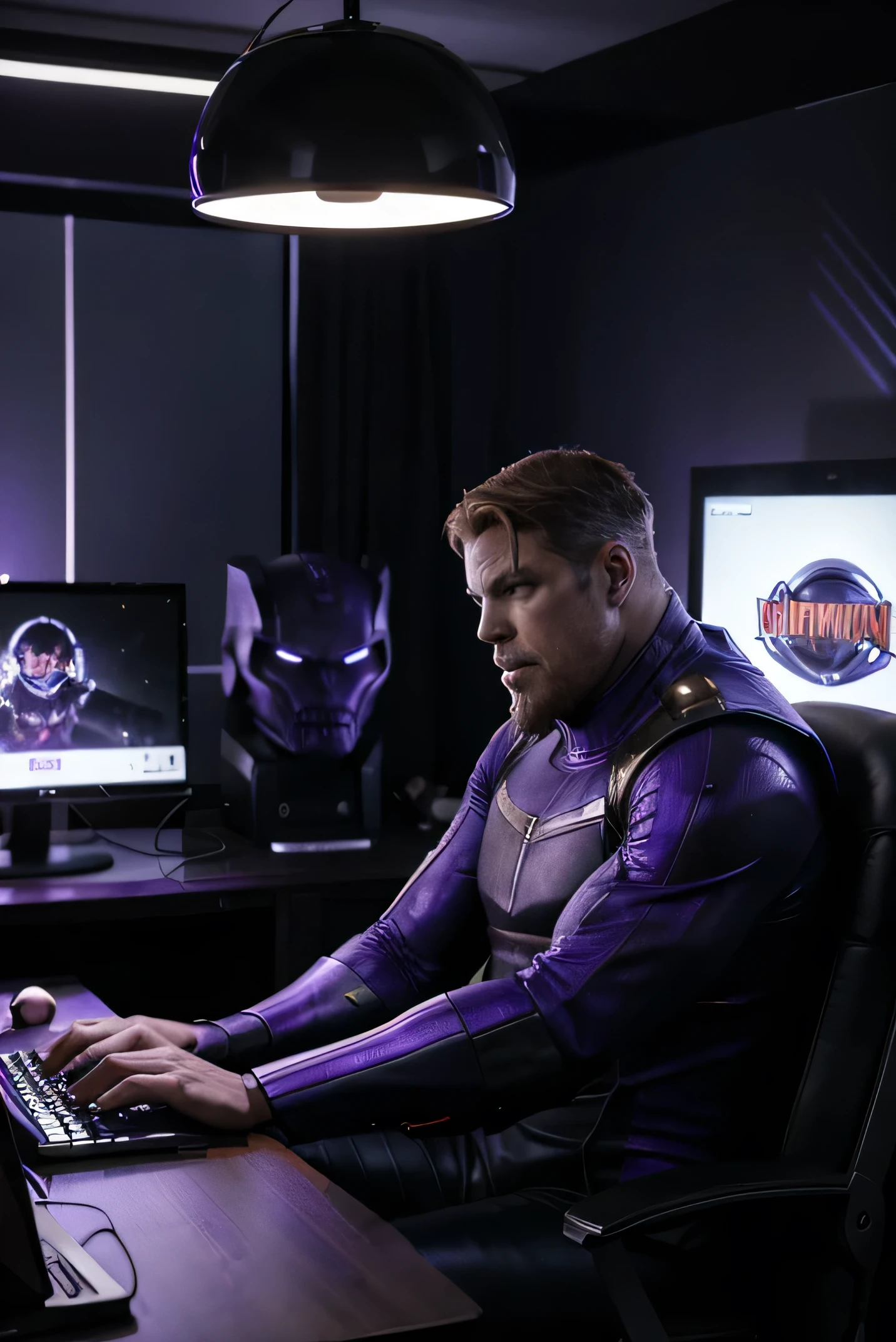 thanos character on the computer with the setup with several gaming monitors