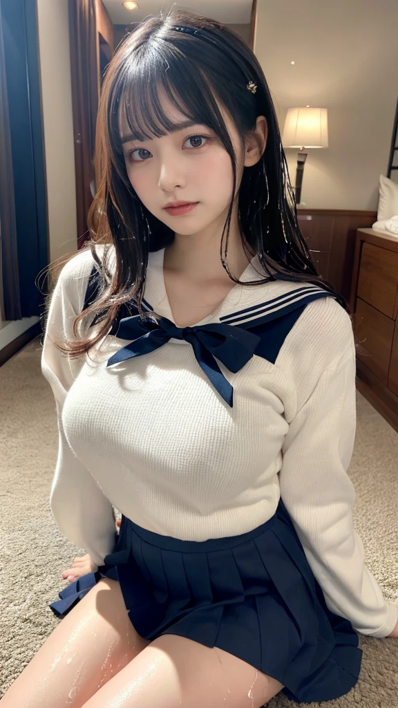 (highest quality、8K、At 32K、masterpiece、ticker:1.2)、panty focus、Emphasis on、(Spread the crotch with your hands:1.5)、One cute Japanese girl、tied hair、One cute Japanese girl、(brown hair color)、(Big breasts that are slightly saggy)、double eyelid、sailor suit、（school uniform）、Thicker thighs、((NSFW))、ponytail、bangs、18-year-old、((do it yourself skirt lift)))、(Lifted by yourself)、blush、A look of shame、worried look、half body shot、night city、(night)、(Inside the bus)、Upper body is clothed
