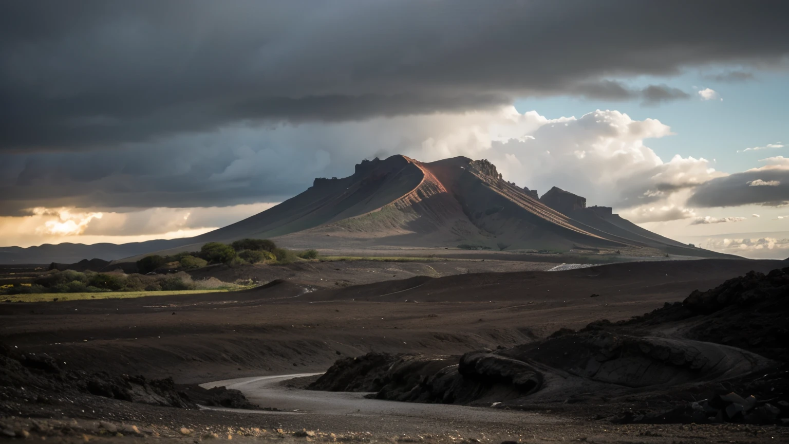 Lava field and hills in Lanzarote in cloudy sky