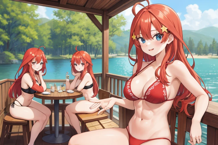 2d, masterpiece, best quality, anime, highly detailed, 5 girl, photo of 5 girl, quintuplets, nakano itsuki, red hair, long hair, star hair ornament, ahoge, large breasts, standing, open-air bath, red bikini, outdoors, smile, abdominal, abs muscular, belly button, side breasts, back muscles, sitting crossed legs, big table filled with quintuplets surrounded by, t-back thong, sexy body, perfect body, pier at the cabin lake