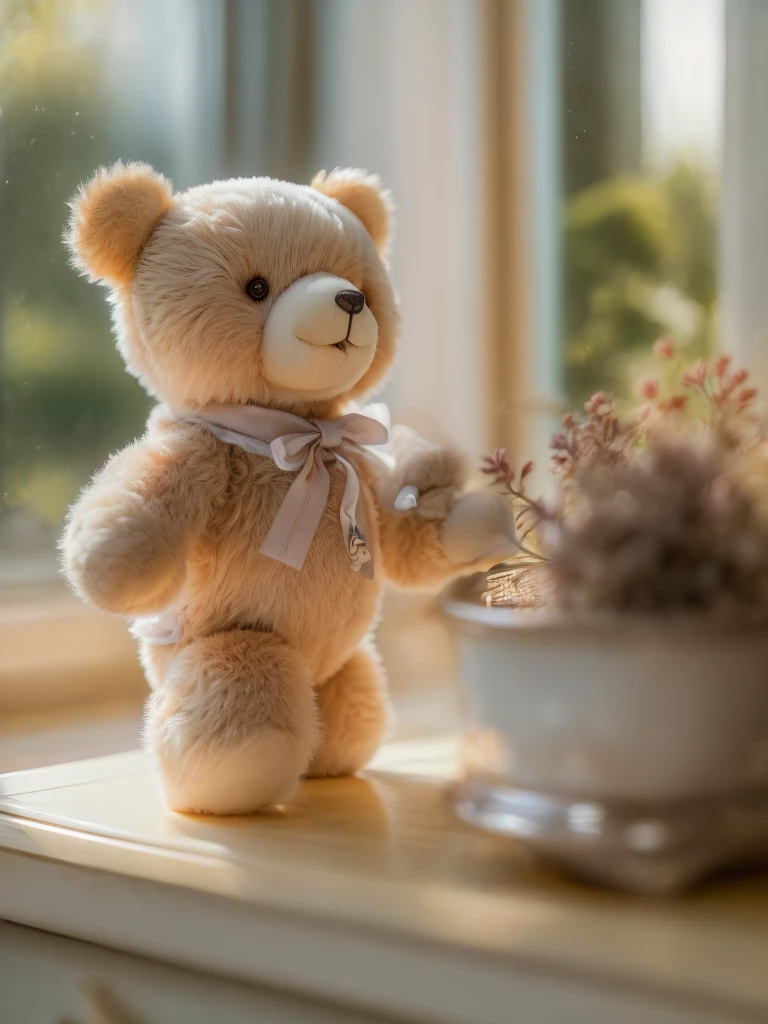 (Style - Depth of Field:1.4) Teddy bear product photo, morning light shining through the window, (prospect:1.3), (masterpiece) (highest quality) (detailed) (Complex)、Duffy、cute、smile