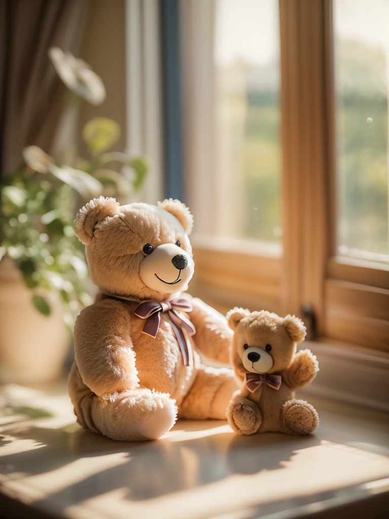 (Style - Depth of Field:1.4) Teddy bear product photo, morning light shining through the window, (prospect:1.3),  (masterpiece) (highest quality) (detailed) (Complex)、Duffy、cute、smile