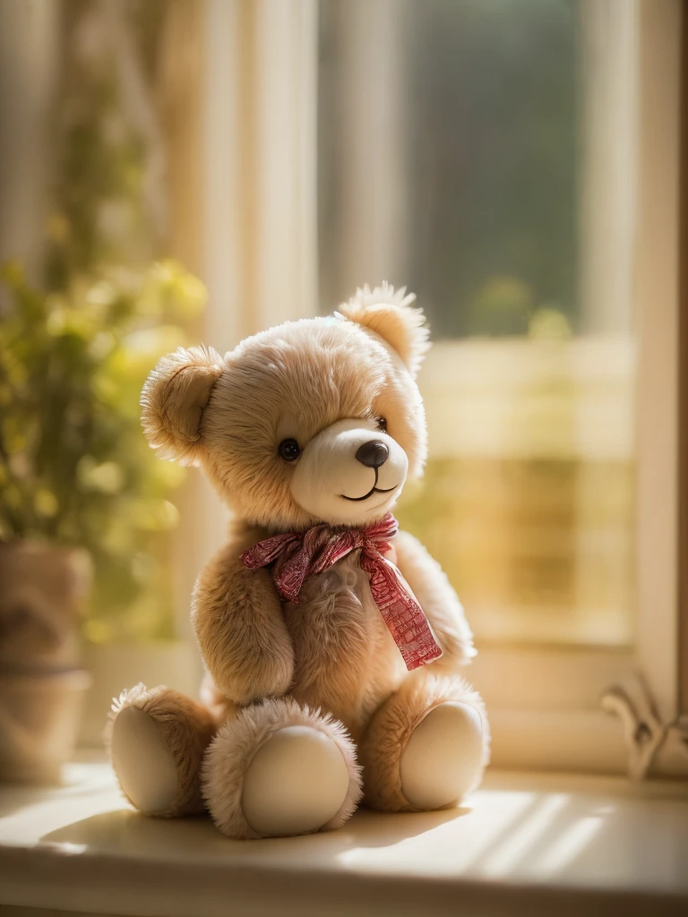 (Style - Depth of Field:1.4) Teddy bear product photo, morning light shining through the window, (prospect:1.3),  (masterpiece) (highest quality) (detailed) (Complex)、Duffy、cute、smile