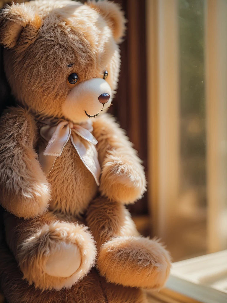(Style - Depth of Field:1.4) Teddy bear product photo, morning light shining through the window, (prospect:1.3), (masterpiece) (highest quality) (detailed) (Complex)、Duffy、cute、smile