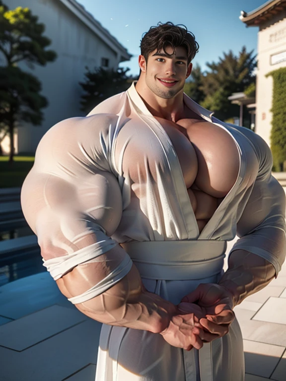 (best quality:1.5, hyperrealistic:1.5, photorealistic:1.4, madly detailed CG unity 8k wallpaper:1.5, masterpiece:1.3, enthusiastically detailed photo:1.2), (hyper-realistic lifelike texture:1.4), highly detailed, ((masterpiece, best quality)) ,extremely detailed 8K wallpaper, 1 korean male, (korean man with k-pop idol look), 20yo, handsome, detailed face, hyper muscle, stubble, wear religious robe, photo real, illuminating light, big, brutalmass, giant muscular bodybuilder, bulk, massive body, large size, smile, religion dome buildings, outdoor