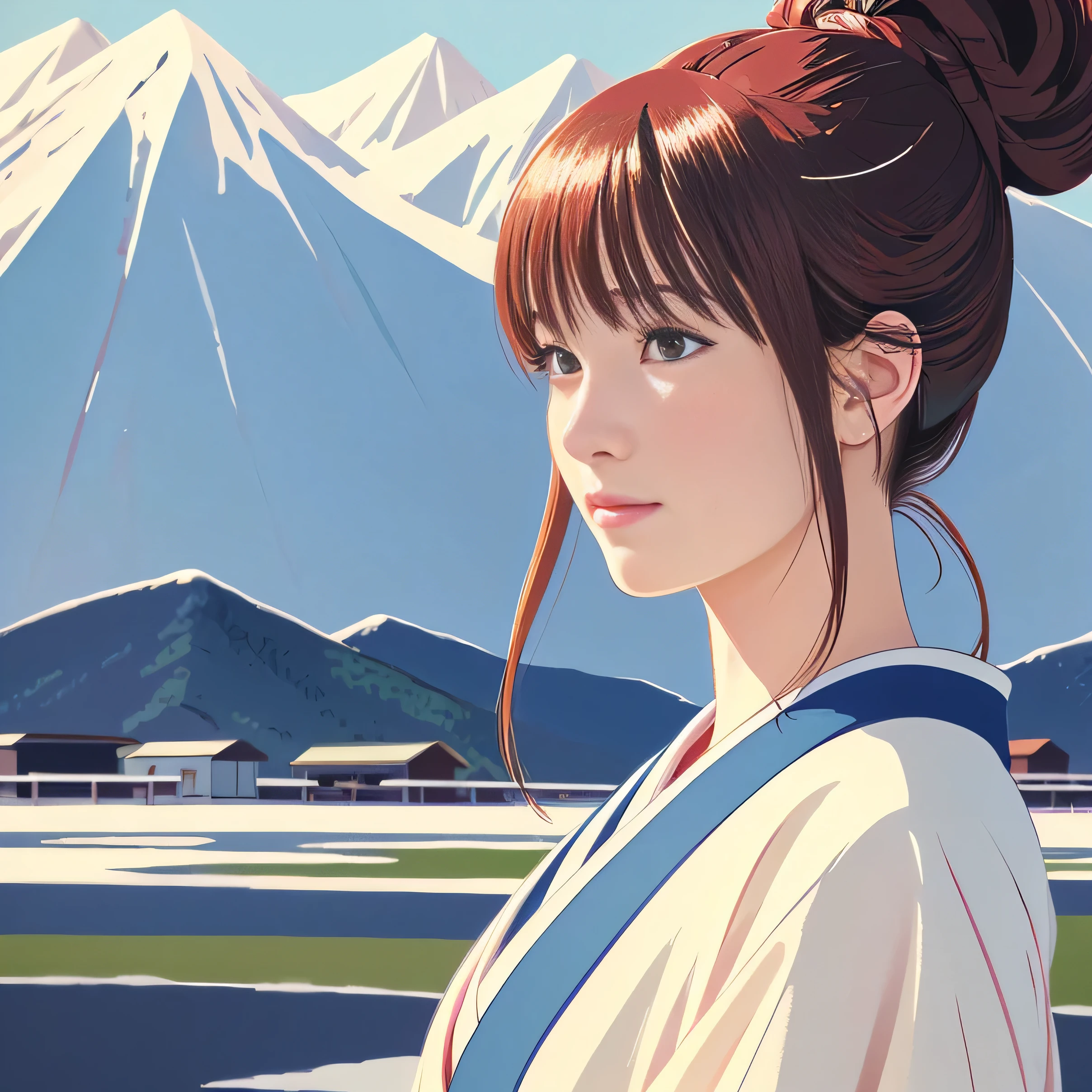 Illustration Style, ukiyo-e, Showa anime, woman, snow, (Sensitive), Asahi, Mountain in the background, (highest quality, Ultra-detailed,Portraiture, Natural light)、kimono