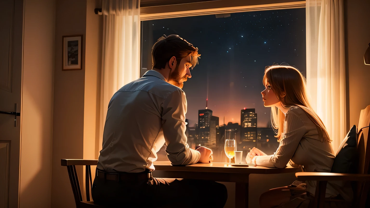 A man and his beautiful wife sitting by a window, gazing out into the night with longing.
