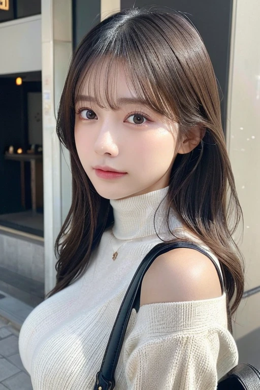 (Colossal tits、Turtleneck knitwear、Shoulder bag)、(top-quality,​masterpiece:1.3,超A high resolution,),(ultra-detailliert,Caustics),(Photorealsitic:1.4,RAW shooting,)Ultra-realistic capture,A highly detailed,high-definition16Kfor human skin、 Skin texture is natural、、The skin looks healthy with an even tone、 Use natural light and color,One Woman,japanes,,kawaii,A dark-haired,Middle hair,(depth of fields、chromatic abberation、、Wide range of lighting、Natural Shading、)、(Hair swaying in the wind:1.2)、Streets of Tokyo