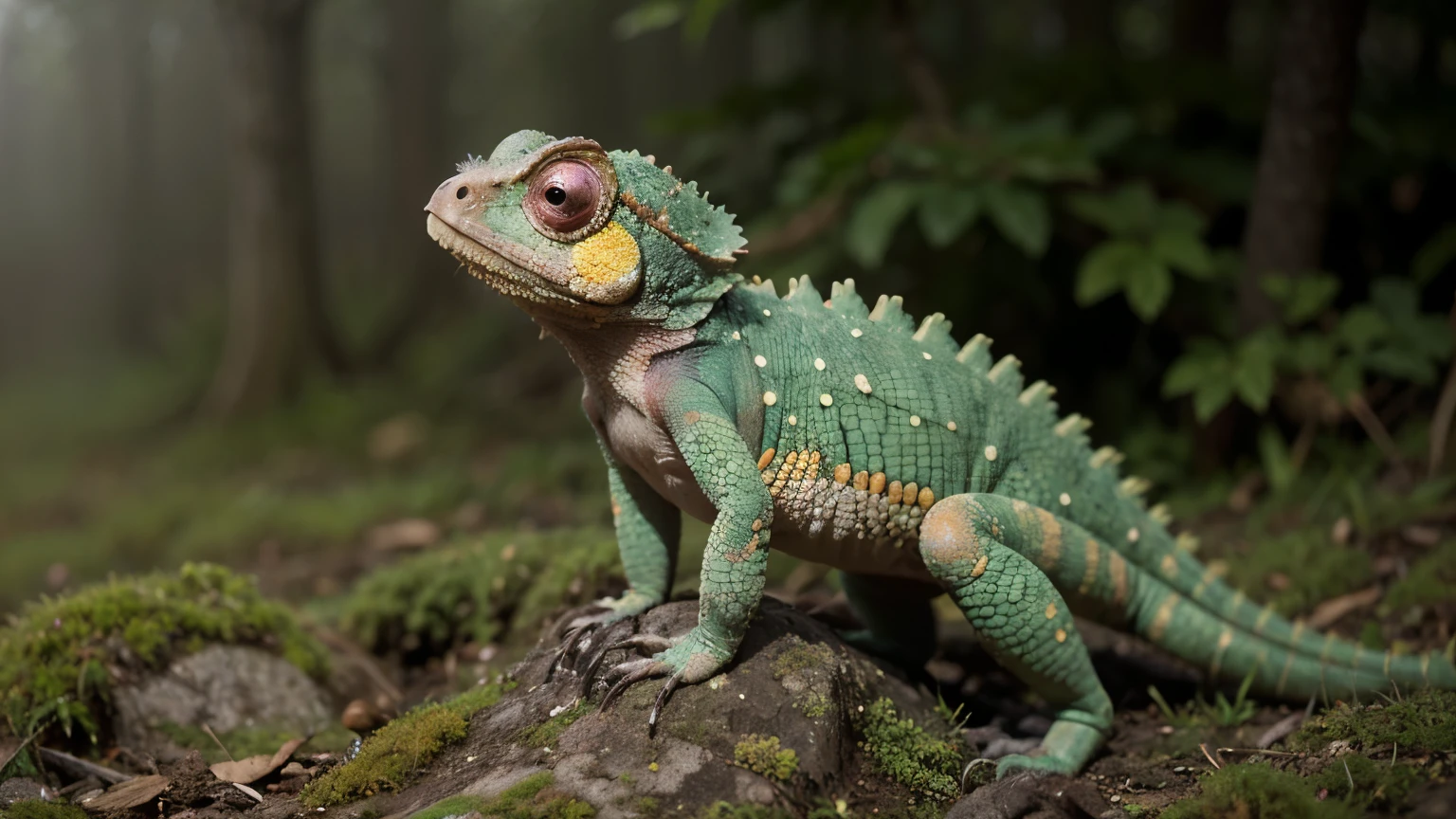 Generative AI illustration of vibrant chameleon perches on moss its multicolored scales standing out against a misty forest backdrop