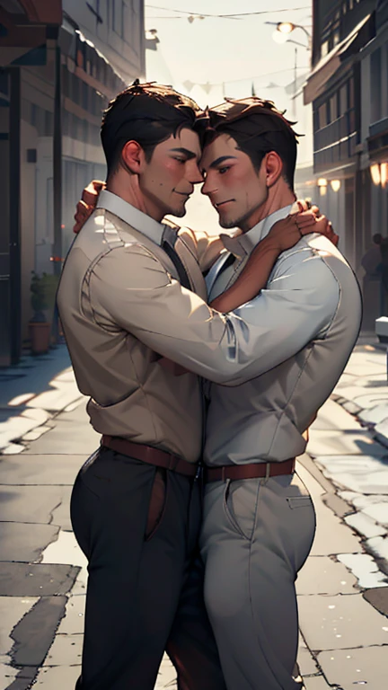 "Tender and emotional moment, depicted in the warm embrace of two men.."