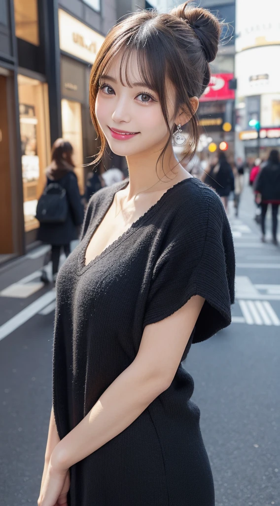 masutepiece, Best Quality, Illustration, Ultra-detailed, finely detail, hight resolution, 8K Wallpaper, Perfect dynamic composition, Beautiful detailed eyes, Trendy Women's Fashion Winter Clothes,Bun hair,Small breasts natural color lip, sexypose,Smile,Harajuku、20 years girl、Cute、is looking at the camera