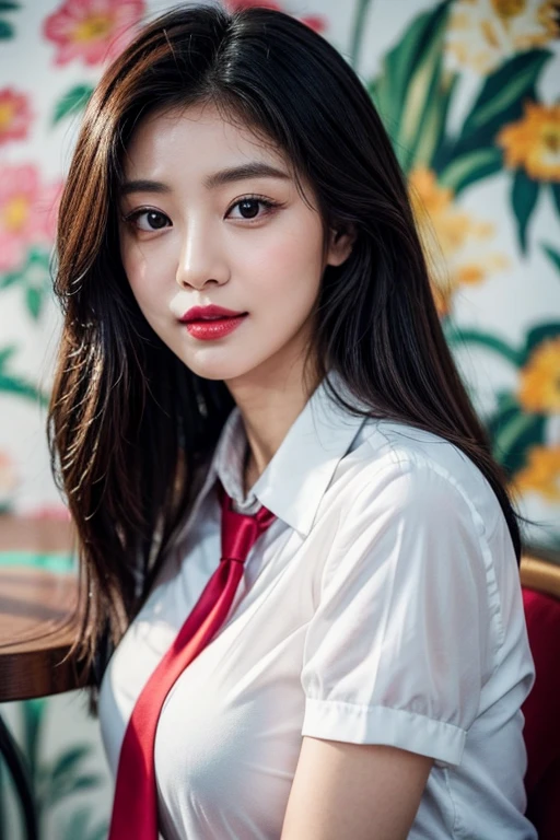 (top quality、8k、masterpiece:1.3))、30-year-old Korean woman,sharp focus, High level of image quality, high resolution,facial focus,Portrait ID photo,half body photo。Draw lips correctly, red lipstick,Wear a white shirt,red tie。black long hair,Mature woman,blushy smile,big breast, puffed chest, floral color background, table shots