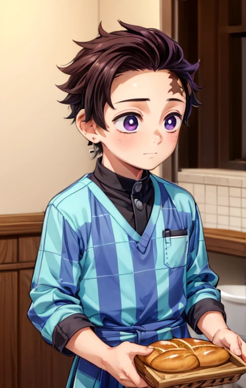 (1 boy:1.4),(Male face details:1.4),eye detailed,Cute,baker、kitchin,Baking bread、scar on forehead, ear ornament