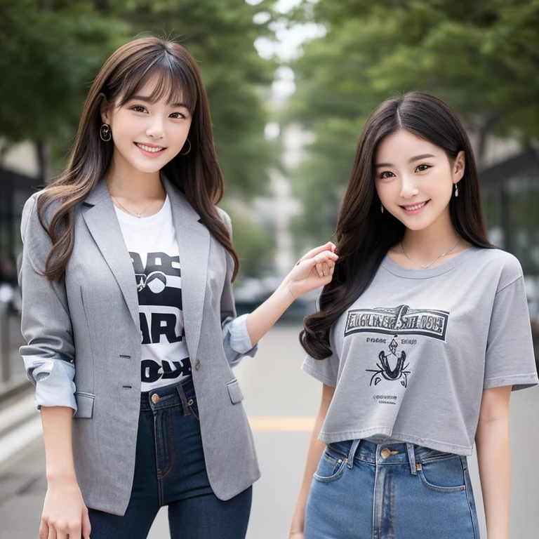 Two beautiful young women、Although they have different personalities, they are both beautiful.、Ideal proportions、(The one on the right is wearing a grey suit and tie.)、(The person on the left is wearing jeans, a T-shirt and a Sukajan jacket)、smile、They're talking、Stand-up microphone between two people、(They are standing on a small stage)