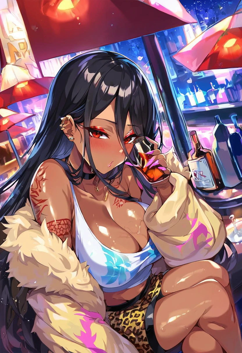 score_9, score_8_up, score_7_up, uncensored, source_anime, 1girl, solo, BREAK hasumi_\(blue_archive\), gyaru, very dark skin, dark-skinned female, makeup, eyeshadow, long eyelashes, piercings, tattoos, colored skin, jet-black skin, shiny skin, metalic tan, oiled skin, BREAK, detailed eyes, solo, crop top, jacket, leopard print, fur shawl, fishnet stocking, blush, beautiful legs, sitting, in bar, night time, drunk,