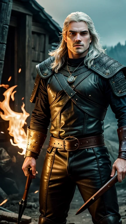 Man, witcher, henry cavill, king, fire all around, Sparks, Fiery explosion, element, strength, Brutality, Blue eyes, vortex, energy, irresistible charm, weapon, high quality, masterpiece