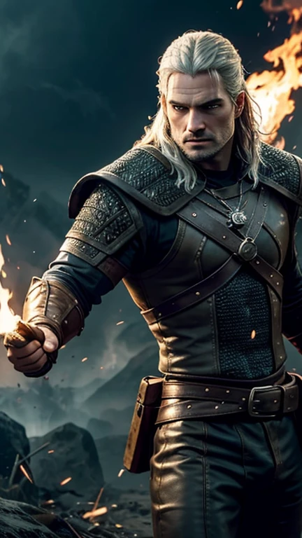 Man, witcher, henry cavill, king, fire all around, Sparks, Fiery explosion, element, strength, Brutality, Blue eyes, vortex, energy, irresistible charm, weapon, high quality, masterpiece