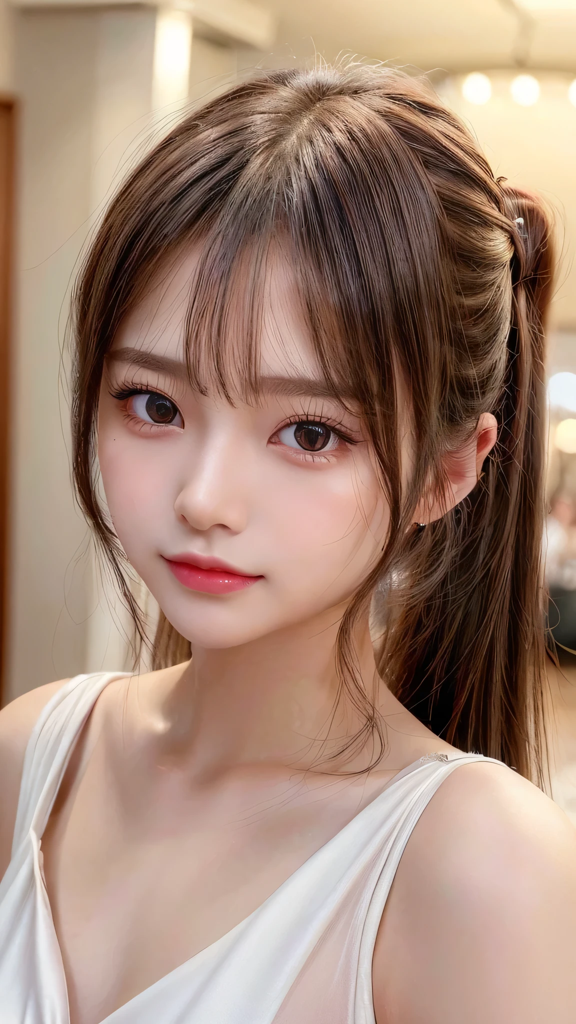 Wedding dress,tiara,Beach,resort,Sexy White Bikini,Blushing,Facing forward,Close-up of face,Small breasts,,Long hair ponytail,((8K, Raw photo, Best Quality, Mastepiece:1.2), (Realism, Photorealistic:1.4), (Highly detailed 8K wallpapers), Depth of written boundary, Cinematic Lighting, Soft Light, Detailed Beauty Eye,Shiny and smooth light brown ponytail, Asymmetrical bangs, Shiny skin, Ultra-detailed skins ,It is high resolution., High detail, Detailed hairstyle, Detailed facial beauty, Hyper-realistic, Perfect limbs, Perfect Anatomy ,1 Japanese girl,Famous Japanese Idols, Perfect female body,A shy smile,Short eyelashes,Double-edged eyelids,Look straight here,Hair style: ponytail,Close-up of face