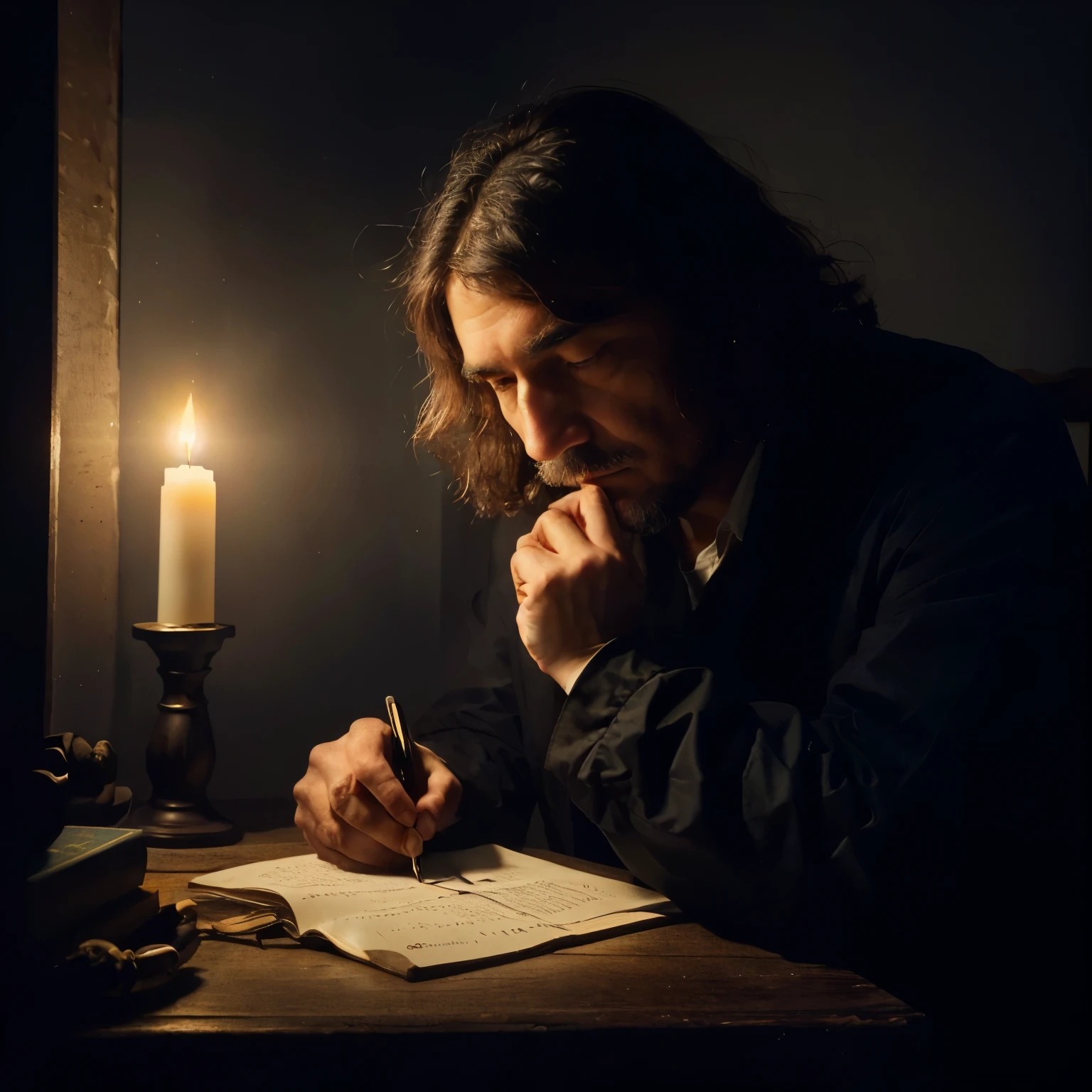 En la quietud de su estudio, René Descartes, the father of modern philosophy, is immersed in deep reflection. His gaze falls on a sheet of paper where he has written the phrase that would forever change the course of human thought.: "Pienso, luego existo". En su rostro, furrowed by the lines of thought and concentration, reflects the intensity of his search for the truth. La tenue luz de una vela ilumina su figura, creating an atmosphere of stillness and introspection. A su alrededor, books on philosophy, science and mathematics attest to his vast erudition and tireless intellectual curiosity. In this moment of deep reflection, Descartes has reached a fundamental conclusion: la existencia del yo es una certeza innegable, basada en la propia capacidad de pensar. Este simple "yo pienso" It is the starting point for the construction of a philosophical system that seeks to unravel the mysteries of the mind, el cuerpo y la realidad.,painting of a man writing in a dark room with a candle, shop 4k, Gerard Van Honthorst, philosopher, inspired by Johann Kaspar Füssli, inspired por Gerald van Honthorst, por Gerald van Honthorst, por Johann Kaspar Füssli, studious chiaroscuro, inspirado en Nicolaes Maes