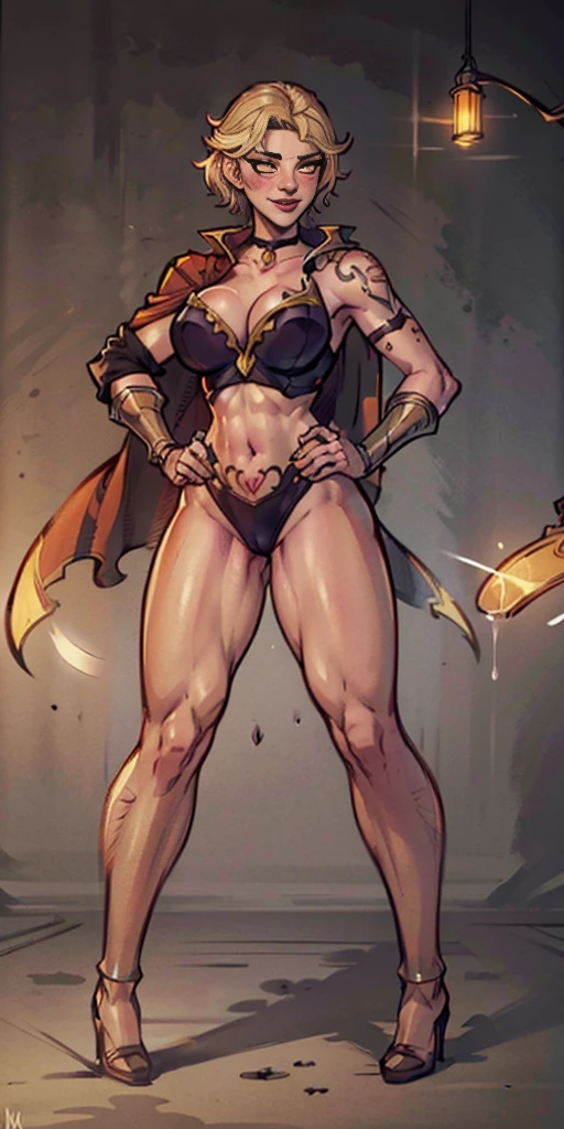 (masterpiece, full body, game art style, best quality, high res, 4k, 8k, detailed illustration, intricate detail, cinematic lighting, amazing quality, ultra detailed, best shadow, grey background:1.2) Two long thighs, yellow eyes, blonde hair, short hair, large breasts, detached sleeves, royal tiara, long cape, yellow tiger bikini, high heels, hands on hips. red tattoo on belly navel, full body female MILF BIMBO, lustful smirking smile face (red blush), metal shoulders, golden bracers sleeveless, black choker sex slave