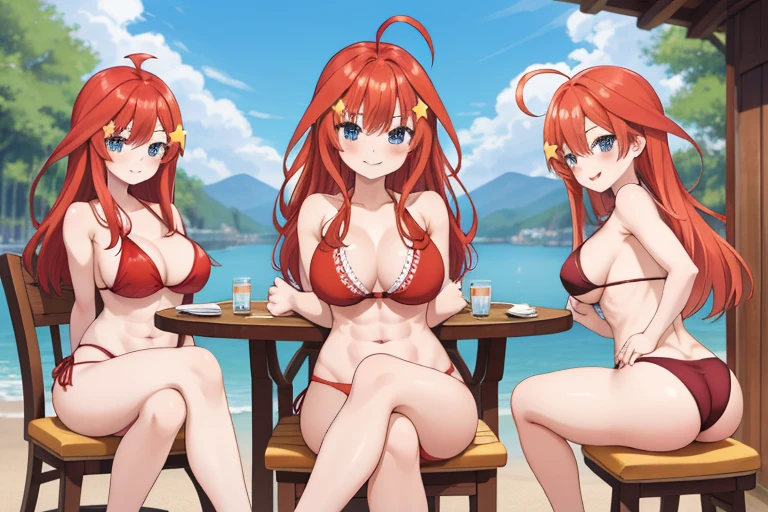 2d, masterpiece, best quality, anime, highly detailed, 5 girl, photo of 5 girl, quintuplets, nakano itsuki, red hair, long hair, star hair ornament, ahoge, large breasts, standing, open-air bath, red bikini, outdoors, smile, abdominal, abs muscular, belly button, side breasts, back muscles, sitting crossed legs, big table filled with quintuplets surrounded by, t-back thong, sexy body, perfect body, pier at the cabin lake