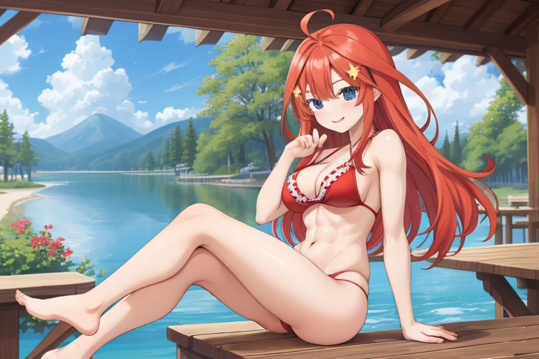 2d, masterpiece, best quality, anime, highly detailed, 5 girl, photo of 5 girl, quintuplets, nakano itsuki, red hair, long hair, star hair ornament, ahoge, large breasts, standing, open-air bath, red bikini, outdoors, smile, abdominal, abs muscular, belly button, side breasts, back muscles, sitting crossed legs, big table filled with quintuplets surrounded by, t-back thong, sexy body, perfect body, pier at the cabin lake