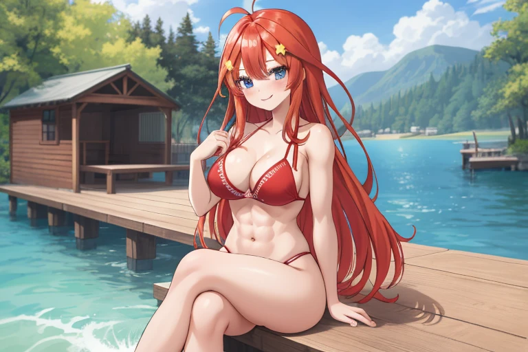 2d, masterpiece, best quality, anime, highly detailed, 5 girl, photo of 5 girl, quintuplets, nakano itsuki, red hair, long hair, star hair ornament, ahoge, large breasts, standing, open-air bath, red bikini, outdoors, smile, abdominal, abs muscular, belly button, side breasts, back muscles, sitting crossed legs, big table filled with quintuplets surrounded by, t-back thong, sexy body, perfect body, pier at the cabin lake