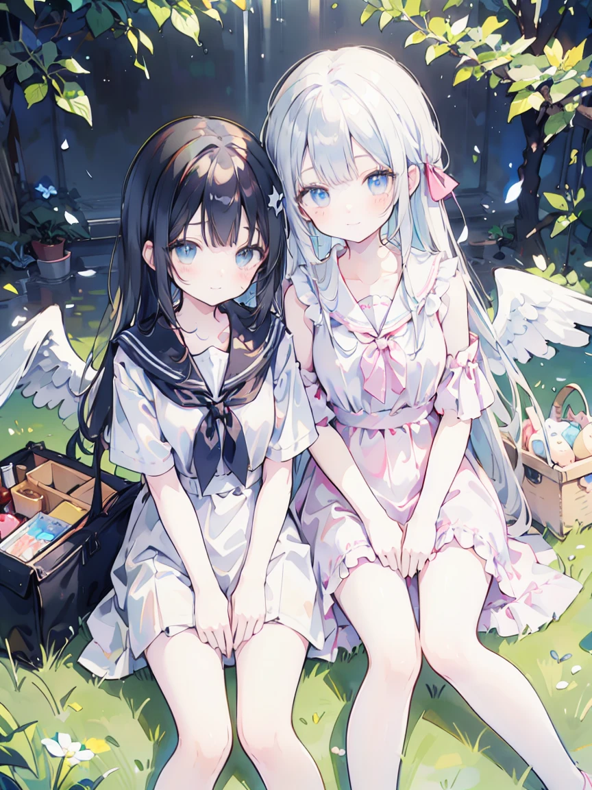 at the park、cuteの天使の女の子が、The two of them get along well.、picnic。、Angel&#39;s Smile。、6歳のcute天使の女の子、The eyelashes are long、Attractive, sparkling, large eyes。、Silver-white to light blue hair color、Super long wavy hair、リボンやレースやフリルがたっぷりのcute天使ドレスと、A big ribbon on her head that matches her outfit、Angel wings on your back、Angel halo on head、A big smile。、The overall color is light blue and white.。、A texture that combines watercolor and moe anime textures、A world filled with mysterious light、cute、kind、Healing、Magic Fantasy、highest quality、Highest quality