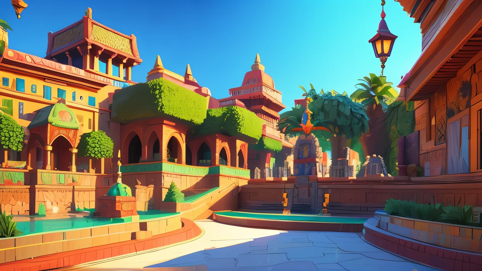 A vibrant 3D image of an Aztec esplanade, adorned with intricate mosaics and sculptures, transporting you back to the year 1455.