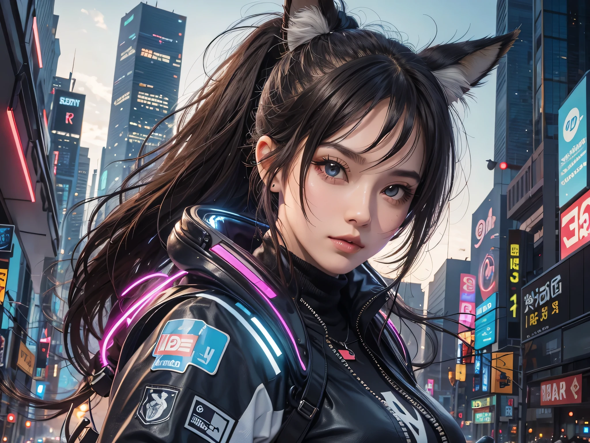 Cute girl, fox ears, long eyelashes, beautiful and detailed eyes, ponytail, bangs, wavy hair, messy hair, sci-fi style, cyberpunk clothes, final fantasy style, illusion 2.5D, bust