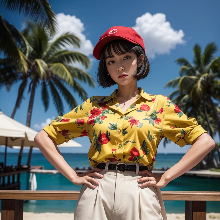 Celine,girl, black eyes, black short hair, Green shorts, red hat,yellow floral shirt, shirt tie, Diaphragm, looking at the audience, serious,
stand, hands on hips, outside, beach house, palm tree, sky,
Extreme details, HDR, realistic details, analog,
