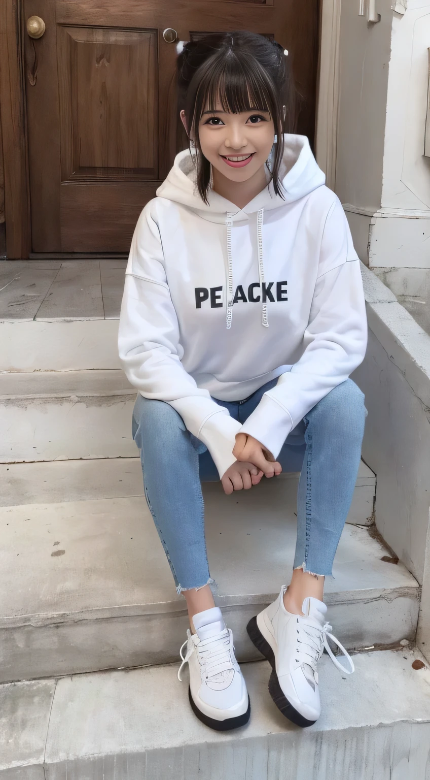 highest quality, Realistic, Very detailed, Finer details, High resolution, 8k wallpaper, One beautiful woman,Sit on the stairs、(Wear black socks)smile、(Beautiful teeth alignment、)(Gums are visible) Oversized hoodie, Skinny jeans,( Black sneakers)、Black Hair、 Beautiful Bangs、ear piercing、Perfect dynamic composition, Beautiful and detailed, Full Body Shot, A big smile Wearing colorful socks