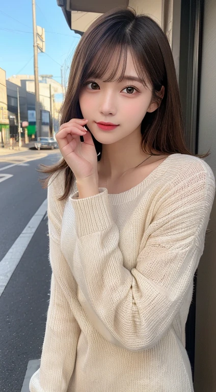 finely detail, hight resolution, hightquality、Perfect dynamic composition, Beautiful detailed eyes, Medium Hair, 、Natural Color Lip,Kamimei、Shibuya、20 years girl、1 persons、Transparent skin、Glowing hair、masutepiece, Best Quality, Illustration, Ultra-detailed, finely detail, hight resolution, 8K、The correct state of the human body、Crouch down、pretty pose,dishevled hair,beauty legs,Perfect beautiful face,KPOP Idol Face,Wear a long-sleeved knit dress