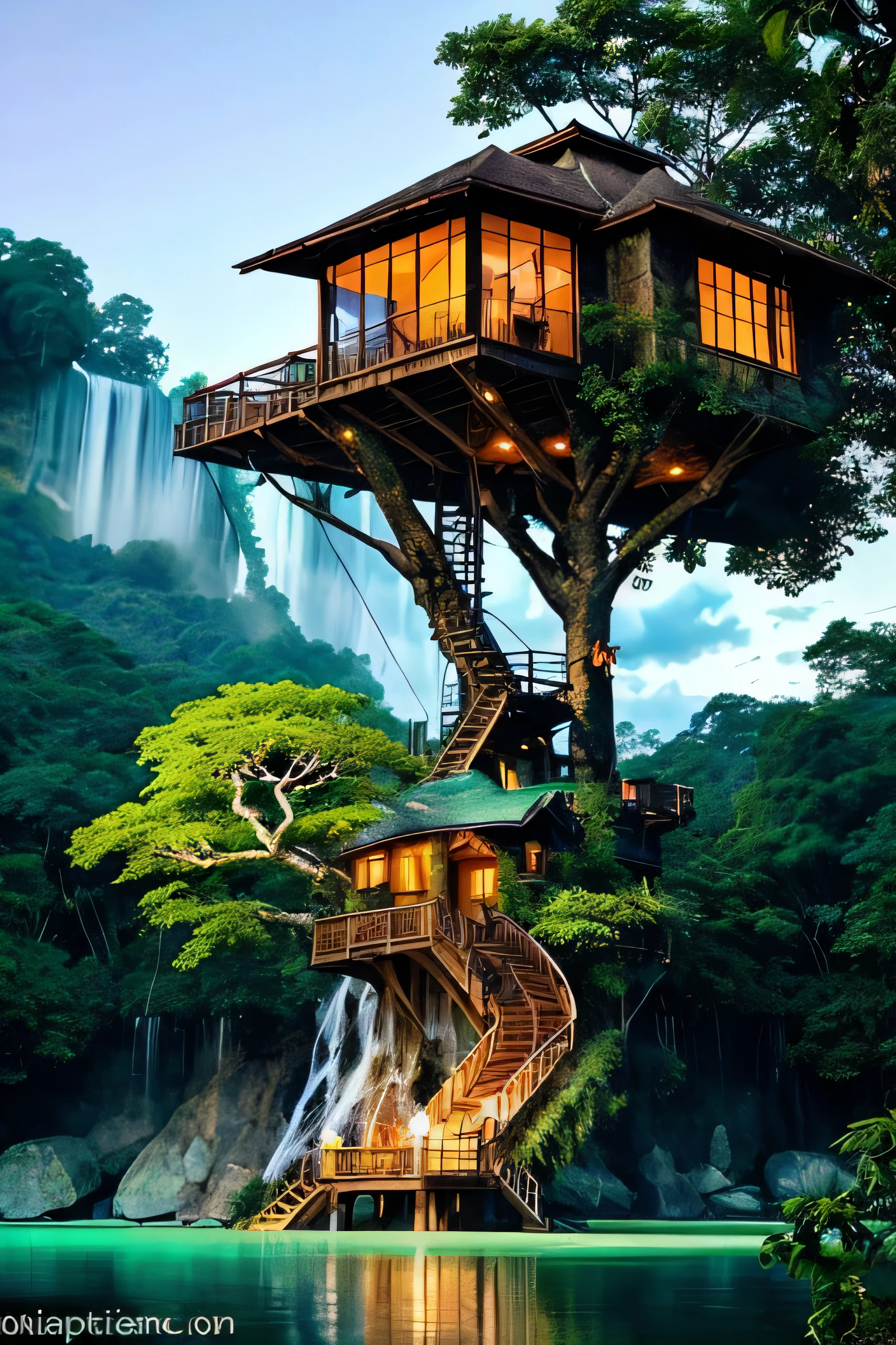 Perfection The Coolest Tree house on a large rock in the middle of the lake in the jungle with sunset, waterfall, bird flying, airroplan flying flowers in front of the house and trees on both sides of the house