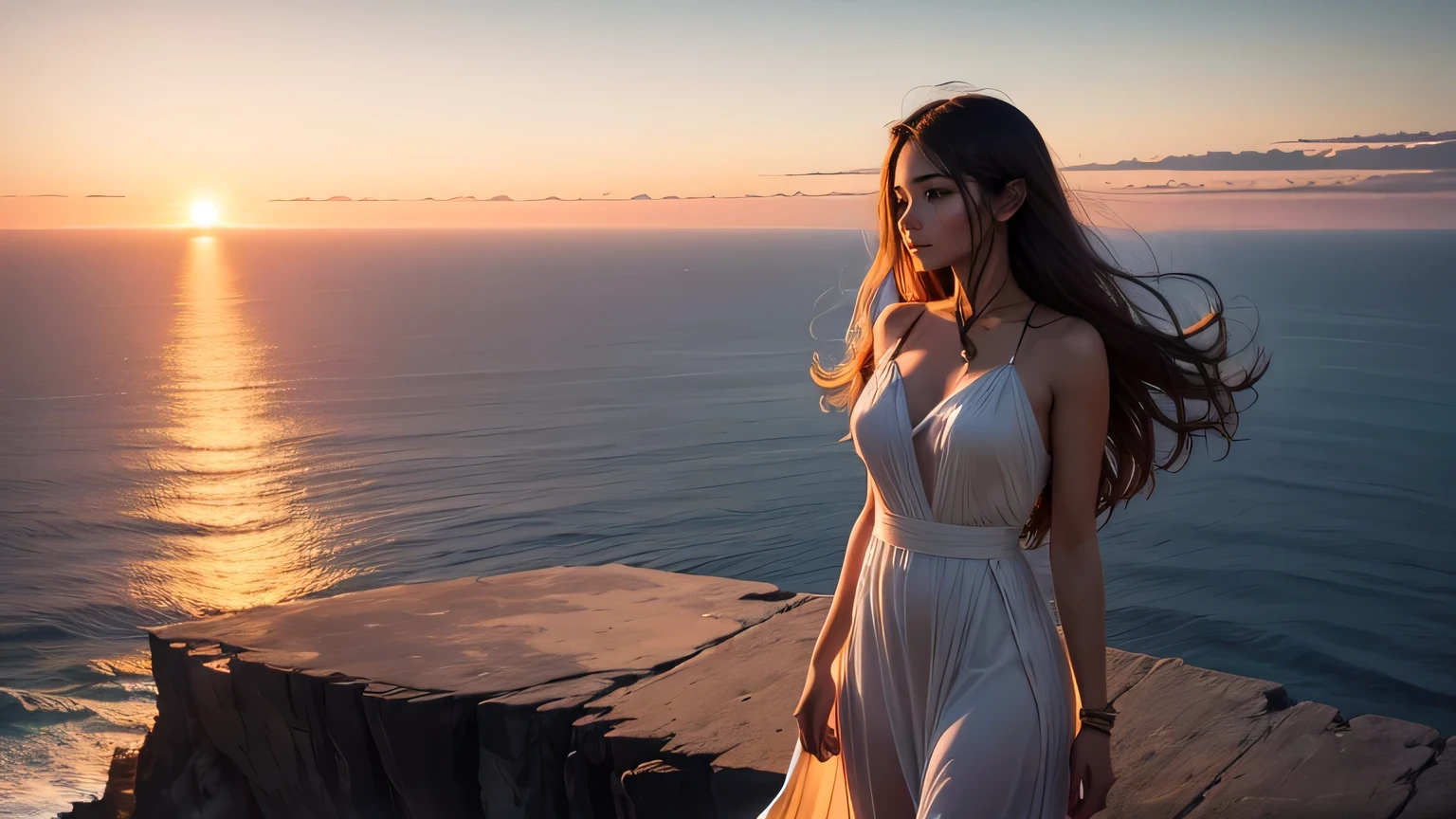Beautiful woman standing at the edge of a cliff, overlooking a vast expanse of ocean. The setting sun casts a warm glow on his face, revealing the depth of his emotions as he grapples with the incompleteness of his heart's story.