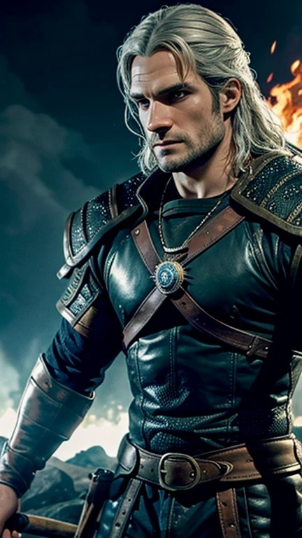 Man, witcher, henry cavill, king, fire all around, Sparks, Fiery explosion, element, strength, Brutality, Blue eyes, vortex, energy, irresistible charm, weapon, high quality, masterpiece